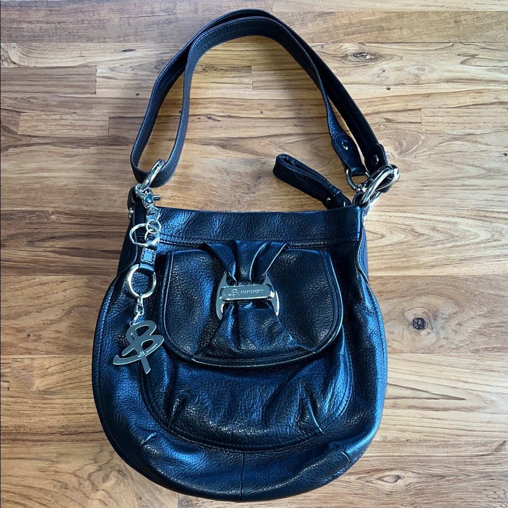 B. Makowsky Black Leather Shoulder Bag with Branded Charm